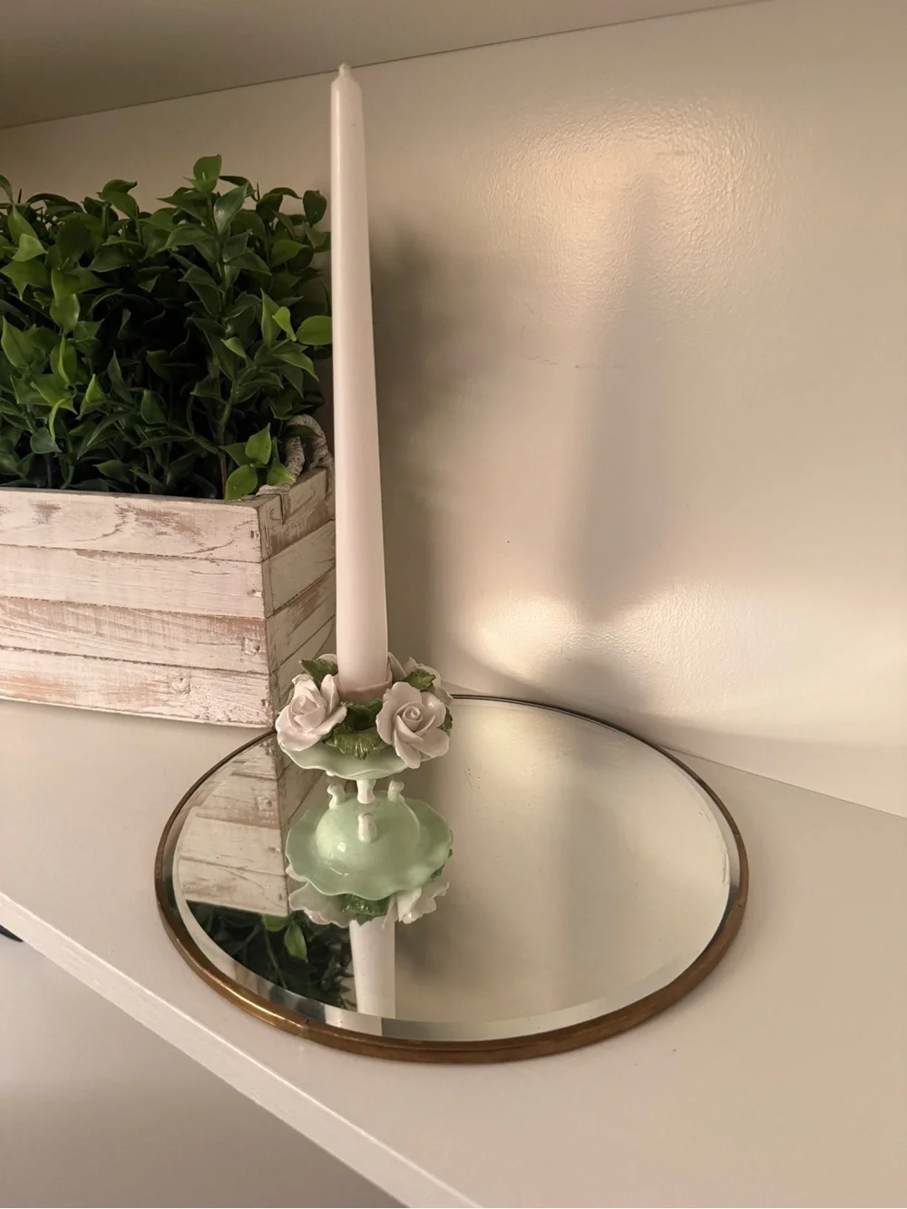 Vintage Round Mirrored Display Plateau Brass Trim 10” Centerpiece Vanity Tray